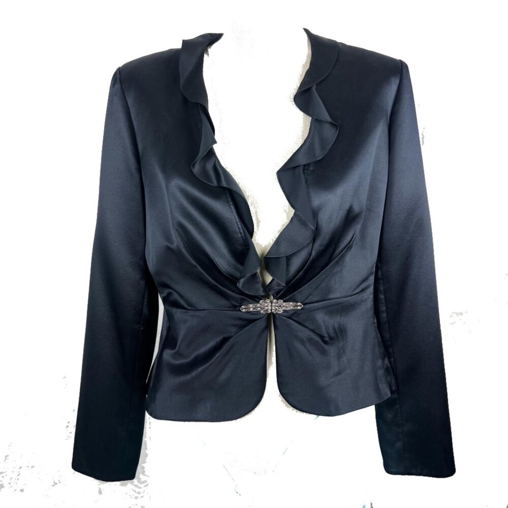 Vintage 100% silk ruffle evening cropped jacket rhinestone metal clasp Talbots